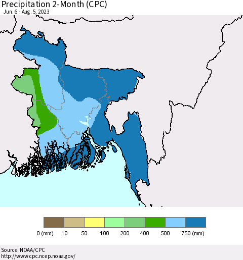 Bangladesh Precipitation 2-Month (CPC) Thematic Map For 6/6/2023 - 8/5/2023