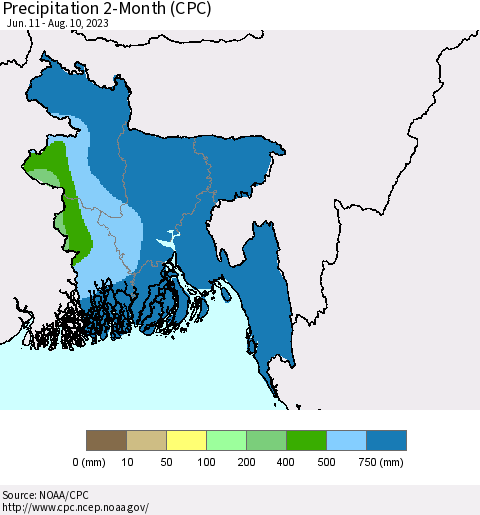 Bangladesh Precipitation 2-Month (CPC) Thematic Map For 6/11/2023 - 8/10/2023