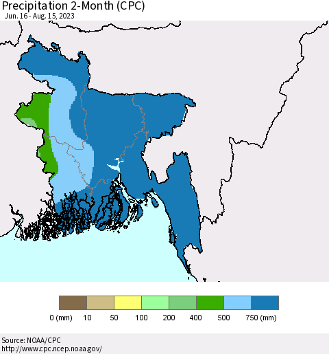 Bangladesh Precipitation 2-Month (CPC) Thematic Map For 6/16/2023 - 8/15/2023
