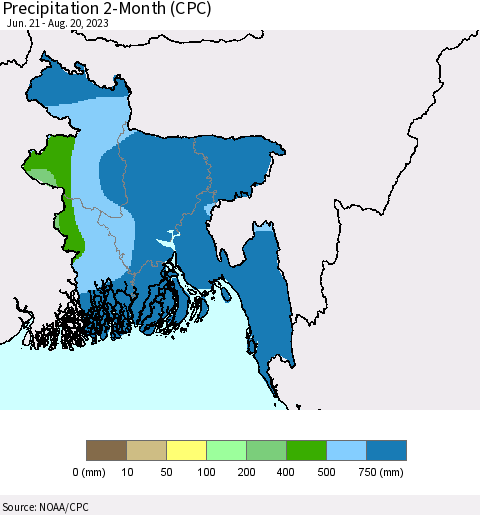 Bangladesh Precipitation 2-Month (CPC) Thematic Map For 6/21/2023 - 8/20/2023