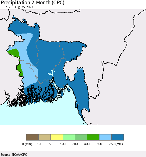 Bangladesh Precipitation 2-Month (CPC) Thematic Map For 6/26/2023 - 8/25/2023