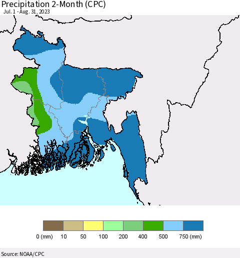Bangladesh Precipitation 2-Month (CPC) Thematic Map For 7/1/2023 - 8/31/2023