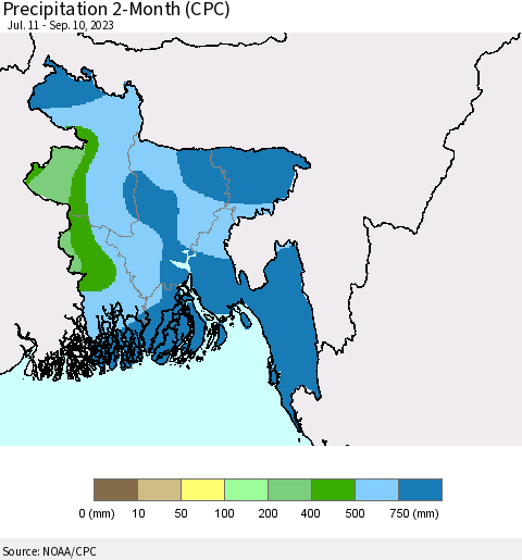 Bangladesh Precipitation 2-Month (CPC) Thematic Map For 7/11/2023 - 9/10/2023