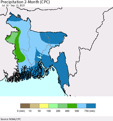 Bangladesh Precipitation 2-Month (CPC) Thematic Map For 7/16/2023 - 9/15/2023