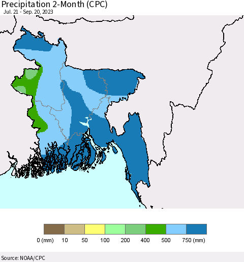 Bangladesh Precipitation 2-Month (CPC) Thematic Map For 7/21/2023 - 9/20/2023