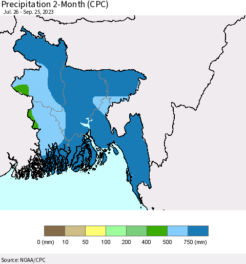 Bangladesh Precipitation 2-Month (CPC) Thematic Map For 7/26/2023 - 9/25/2023