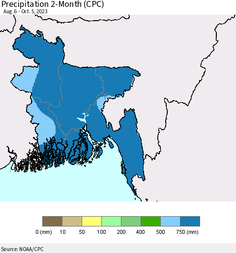 Bangladesh Precipitation 2-Month (CPC) Thematic Map For 8/6/2023 - 10/5/2023