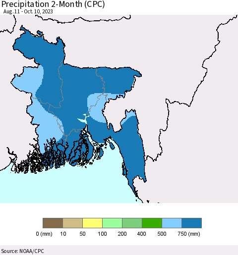 Bangladesh Precipitation 2-Month (CPC) Thematic Map For 8/11/2023 - 10/10/2023