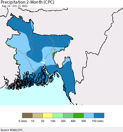 Bangladesh Precipitation 2-Month (CPC) Thematic Map For 8/16/2023 - 10/15/2023