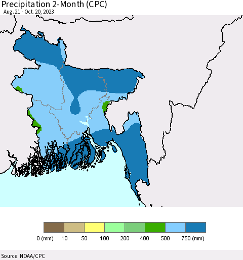 Bangladesh Precipitation 2-Month (CPC) Thematic Map For 8/21/2023 - 10/20/2023