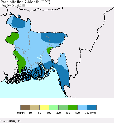 Bangladesh Precipitation 2-Month (CPC) Thematic Map For 8/26/2023 - 10/25/2023