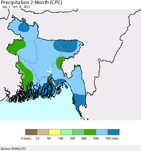 Bangladesh Precipitation 2-Month (CPC) Thematic Map For 9/1/2023 - 10/31/2023