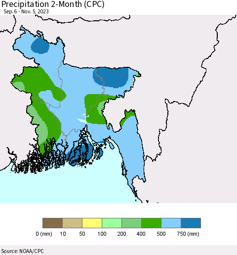Bangladesh Precipitation 2-Month (CPC) Thematic Map For 9/6/2023 - 11/5/2023