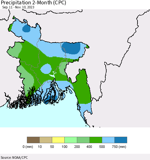 Bangladesh Precipitation 2-Month (CPC) Thematic Map For 9/11/2023 - 11/10/2023