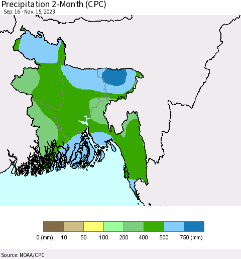 Bangladesh Precipitation 2-Month (CPC) Thematic Map For 9/16/2023 - 11/15/2023