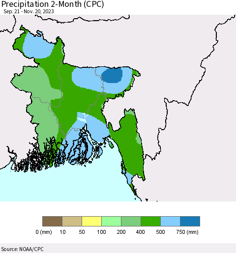 Bangladesh Precipitation 2-Month (CPC) Thematic Map For 9/21/2023 - 11/20/2023