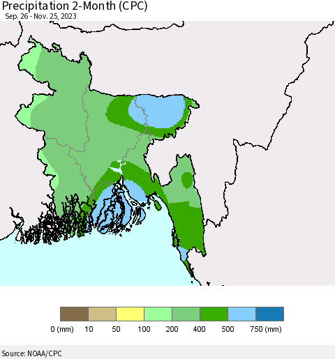 Bangladesh Precipitation 2-Month (CPC) Thematic Map For 9/26/2023 - 11/25/2023