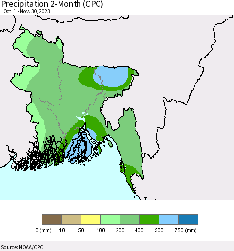 Bangladesh Precipitation 2-Month (CPC) Thematic Map For 10/1/2023 - 11/30/2023