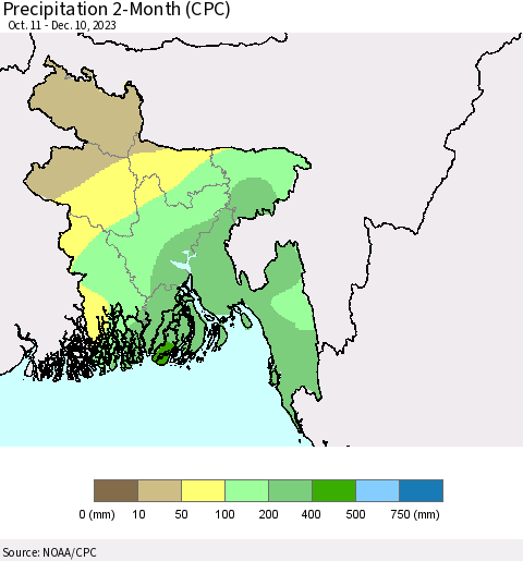 Bangladesh Precipitation 2-Month (CPC) Thematic Map For 10/11/2023 - 12/10/2023