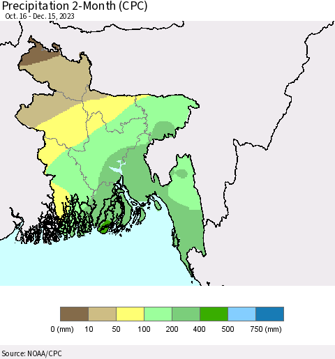 Bangladesh Precipitation 2-Month (CPC) Thematic Map For 10/16/2023 - 12/15/2023