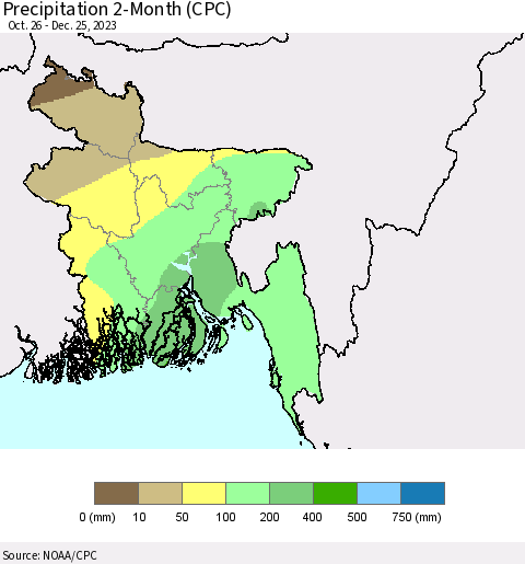 Bangladesh Precipitation 2-Month (CPC) Thematic Map For 10/26/2023 - 12/25/2023