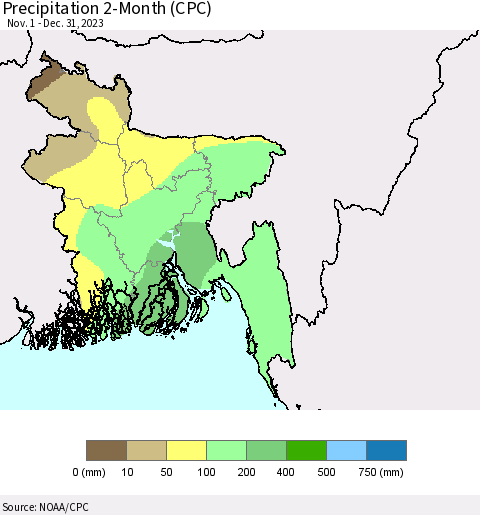Bangladesh Precipitation 2-Month (CPC) Thematic Map For 11/1/2023 - 12/31/2023