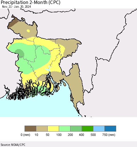Bangladesh Precipitation 2-Month (CPC) Thematic Map For 11/21/2023 - 1/20/2024