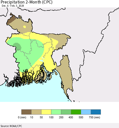 Bangladesh Precipitation 2-Month (CPC) Thematic Map For 12/6/2023 - 2/5/2024