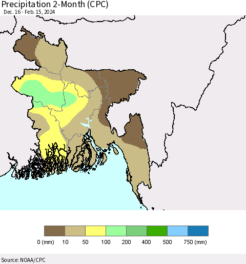 Bangladesh Precipitation 2-Month (CPC) Thematic Map For 12/16/2023 - 2/15/2024