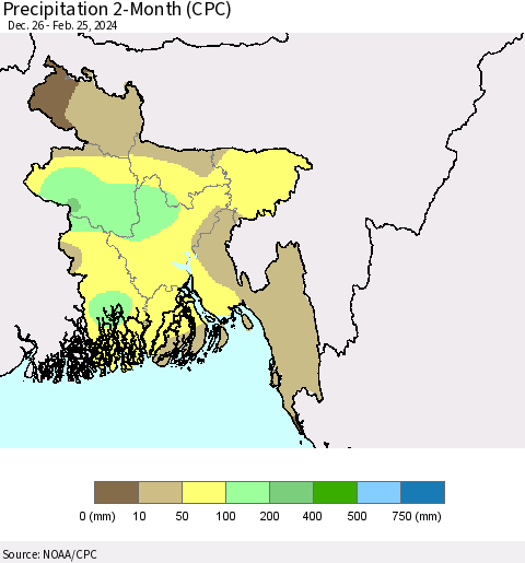 Bangladesh Precipitation 2-Month (CPC) Thematic Map For 12/26/2023 - 2/25/2024