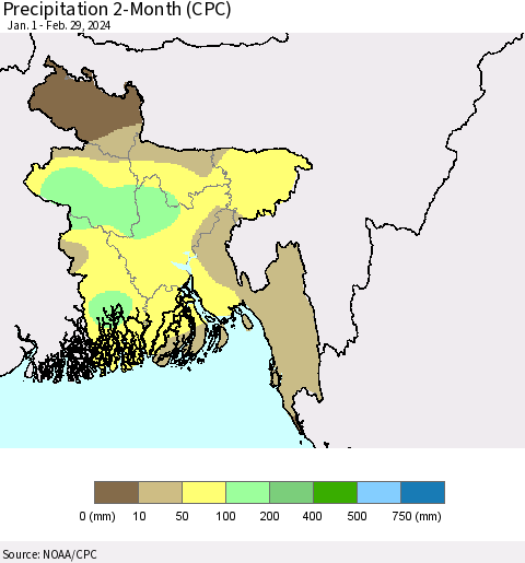 Bangladesh Precipitation 2-Month (CPC) Thematic Map For 1/1/2024 - 2/29/2024