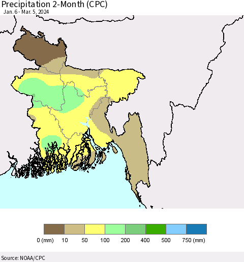 Bangladesh Precipitation 2-Month (CPC) Thematic Map For 1/6/2024 - 3/5/2024