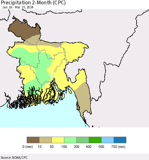 Bangladesh Precipitation 2-Month (CPC) Thematic Map For 1/16/2024 - 3/15/2024