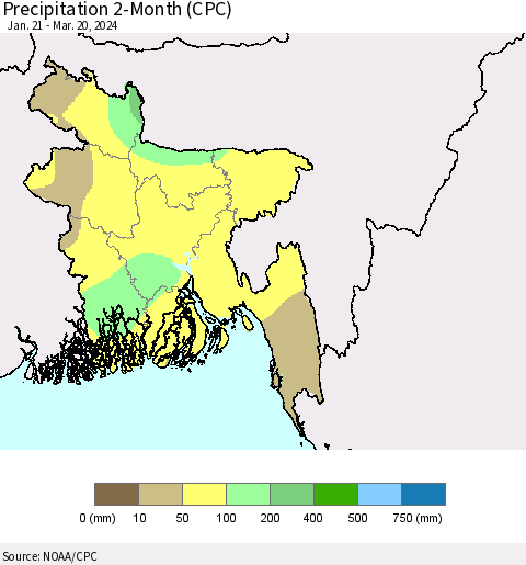 Bangladesh Precipitation 2-Month (CPC) Thematic Map For 1/21/2024 - 3/20/2024