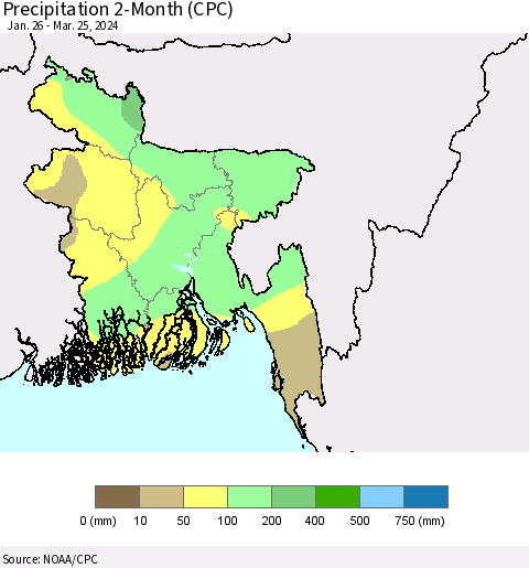 Bangladesh Precipitation 2-Month (CPC) Thematic Map For 1/26/2024 - 3/25/2024