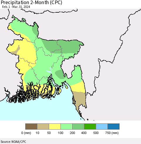 Bangladesh Precipitation 2-Month (CPC) Thematic Map For 2/1/2024 - 3/31/2024