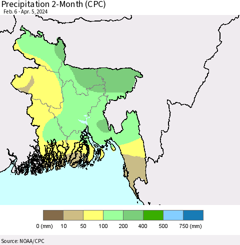 Bangladesh Precipitation 2-Month (CPC) Thematic Map For 2/6/2024 - 4/5/2024