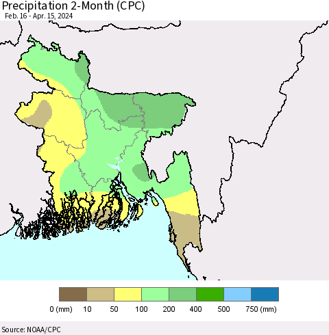 Bangladesh Precipitation 2-Month (CPC) Thematic Map For 2/16/2024 - 4/15/2024