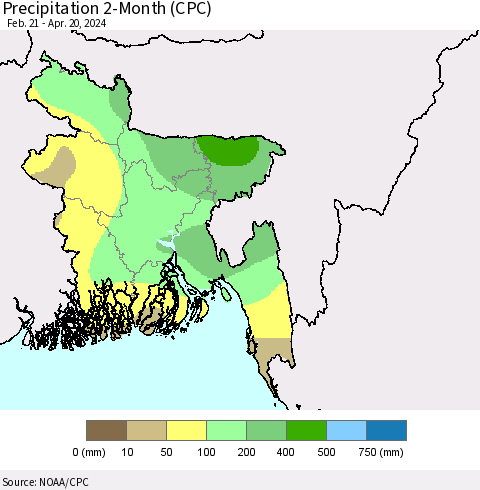 Bangladesh Precipitation 2-Month (CPC) Thematic Map For 2/21/2024 - 4/20/2024