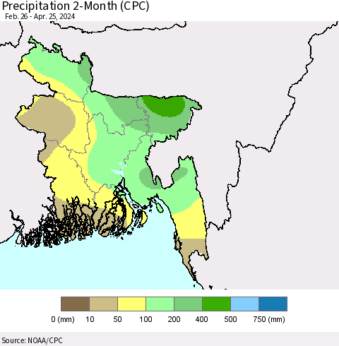 Bangladesh Precipitation 2-Month (CPC) Thematic Map For 2/26/2024 - 4/25/2024