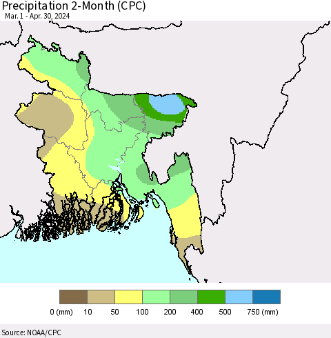 Bangladesh Precipitation 2-Month (CPC) Thematic Map For 3/1/2024 - 4/30/2024