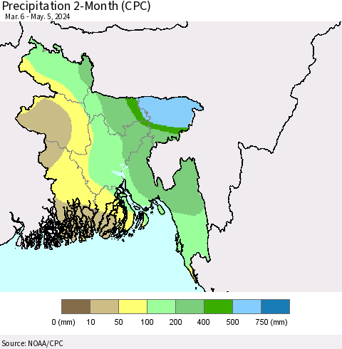 Bangladesh Precipitation 2-Month (CPC) Thematic Map For 3/6/2024 - 5/5/2024