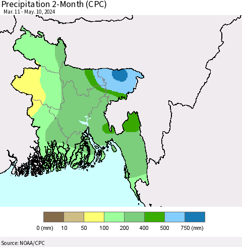 Bangladesh Precipitation 2-Month (CPC) Thematic Map For 3/11/2024 - 5/10/2024