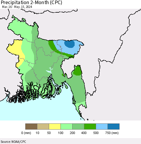 Bangladesh Precipitation 2-Month (CPC) Thematic Map For 3/16/2024 - 5/15/2024