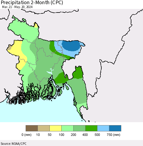 Bangladesh Precipitation 2-Month (CPC) Thematic Map For 3/21/2024 - 5/20/2024