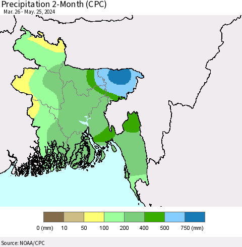 Bangladesh Precipitation 2-Month (CPC) Thematic Map For 3/26/2024 - 5/25/2024