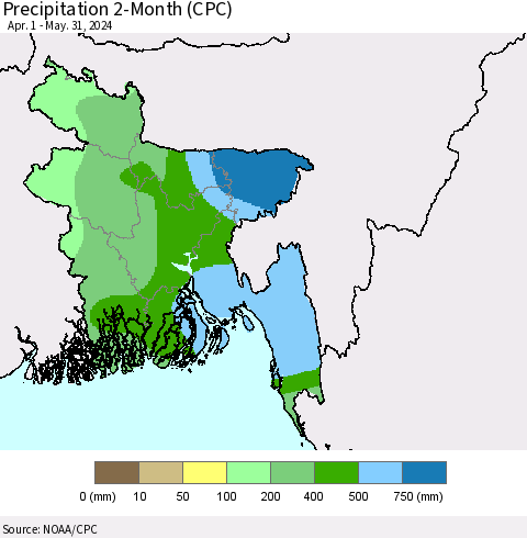 Bangladesh Precipitation 2-Month (CPC) Thematic Map For 4/1/2024 - 5/31/2024