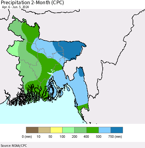 Bangladesh Precipitation 2-Month (CPC) Thematic Map For 4/6/2024 - 6/5/2024