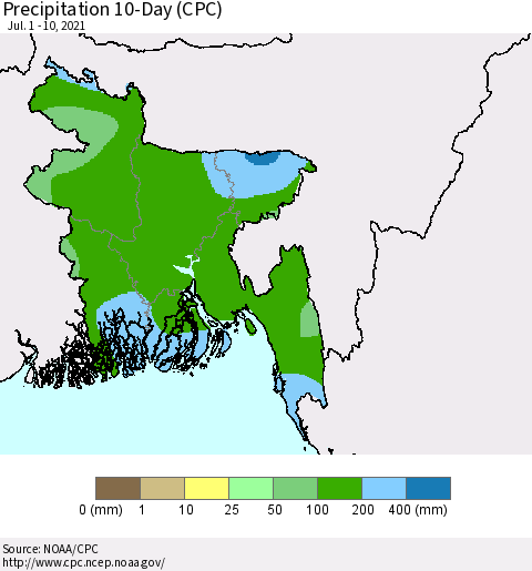 Bangladesh Precipitation 10-Day (CPC) Thematic Map For 7/1/2021 - 7/10/2021