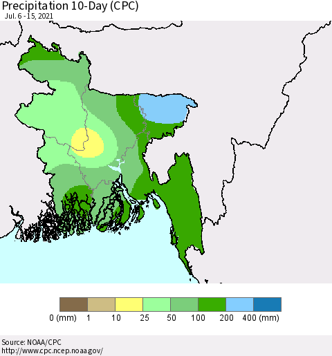 Bangladesh Precipitation 10-Day (CPC) Thematic Map For 7/6/2021 - 7/15/2021
